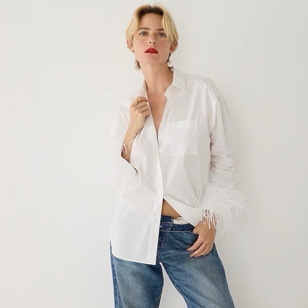 J.Crew Feather Trim Cotton Poplin Button Up Shirt With Collar White